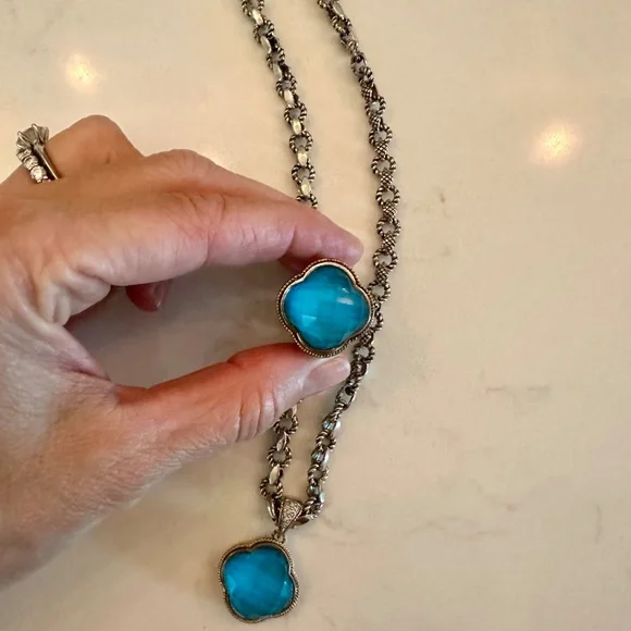 Andrea Candela silver turquoise clover pendant with diamonds. - Picture 3 of 8